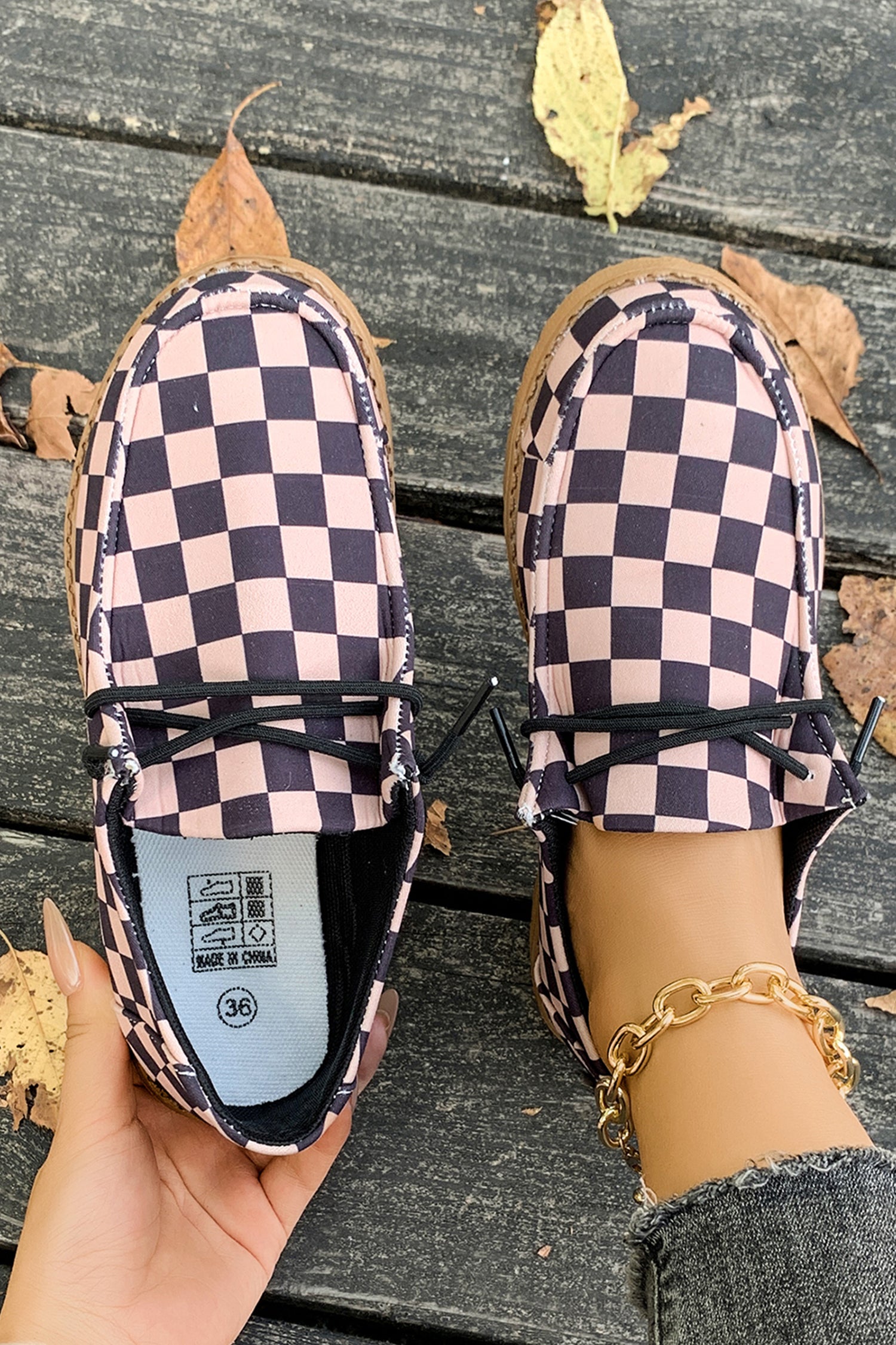 Dark Brown Checkered Print PU Leather Lace Up Detail Flat Shoes