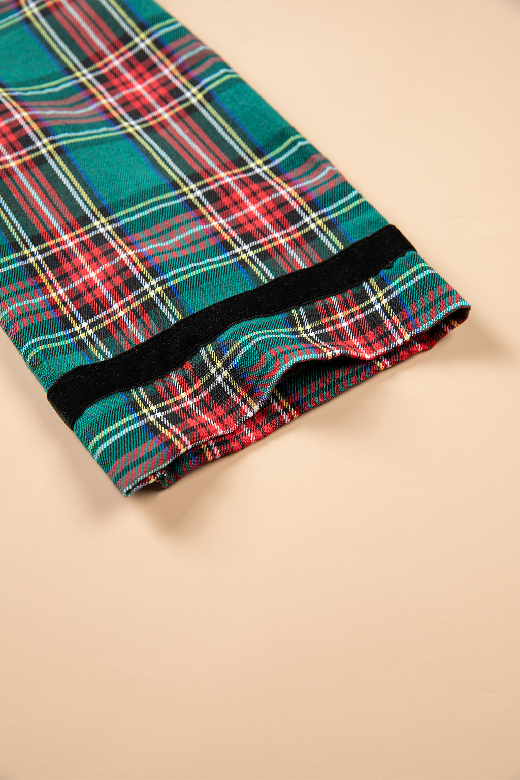 Green Plaid Velvet Trim Pockets Short Shift Dress