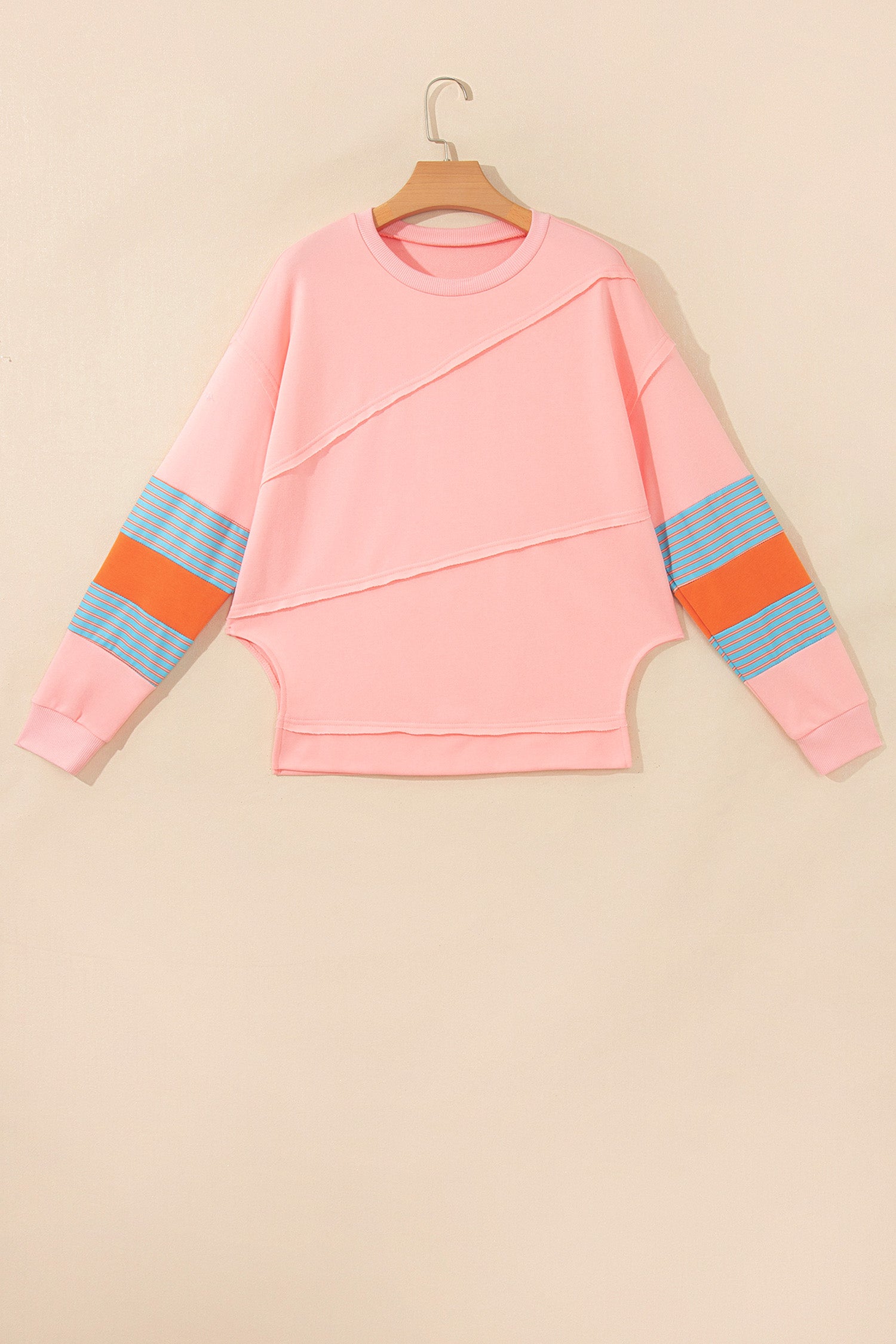 Pink Colorblock Striped Patchwork Long Sleeve Round Neck Blouse