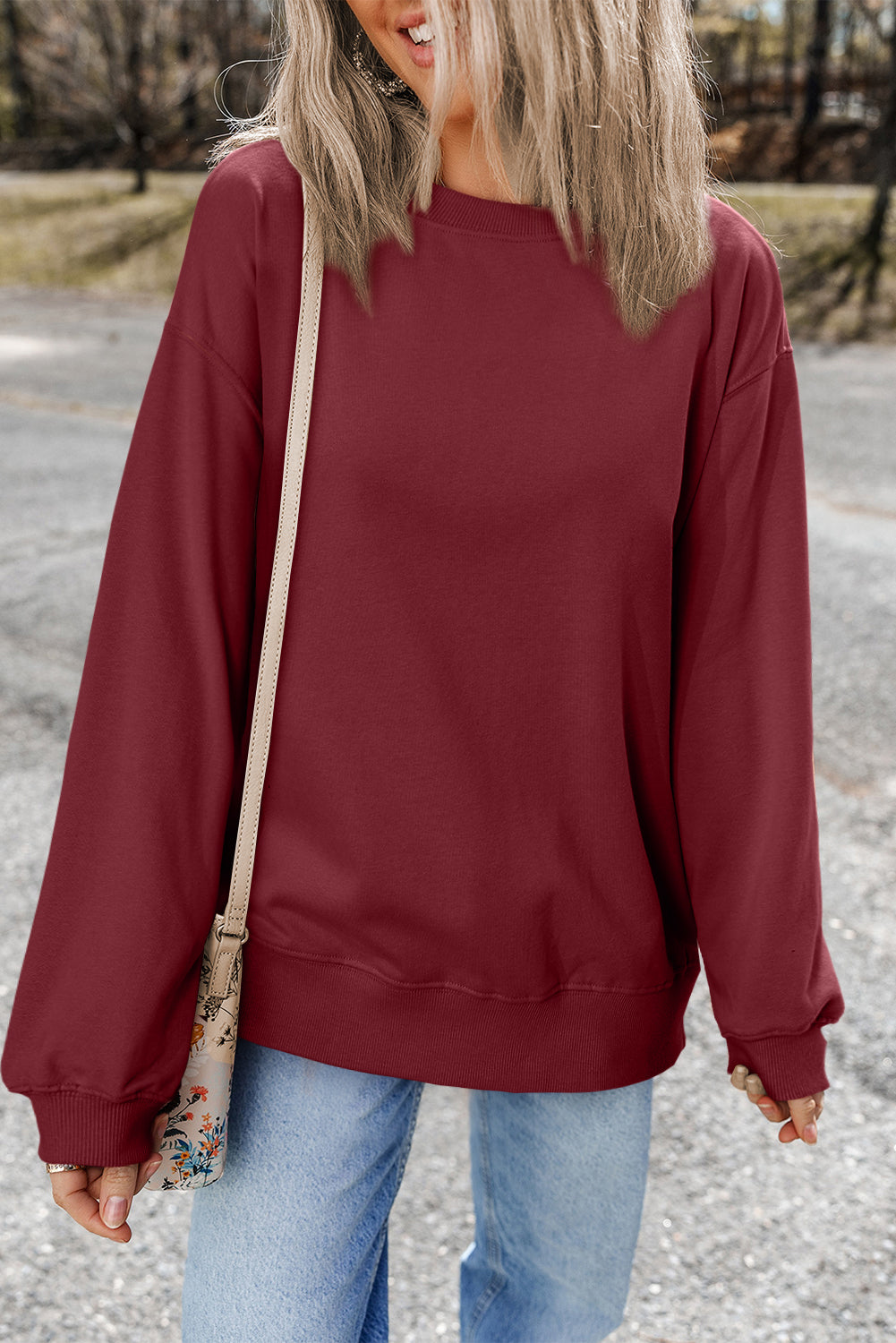 Bonbon Plain Drop Shoulder Crewneck Pullover Sweatshirt