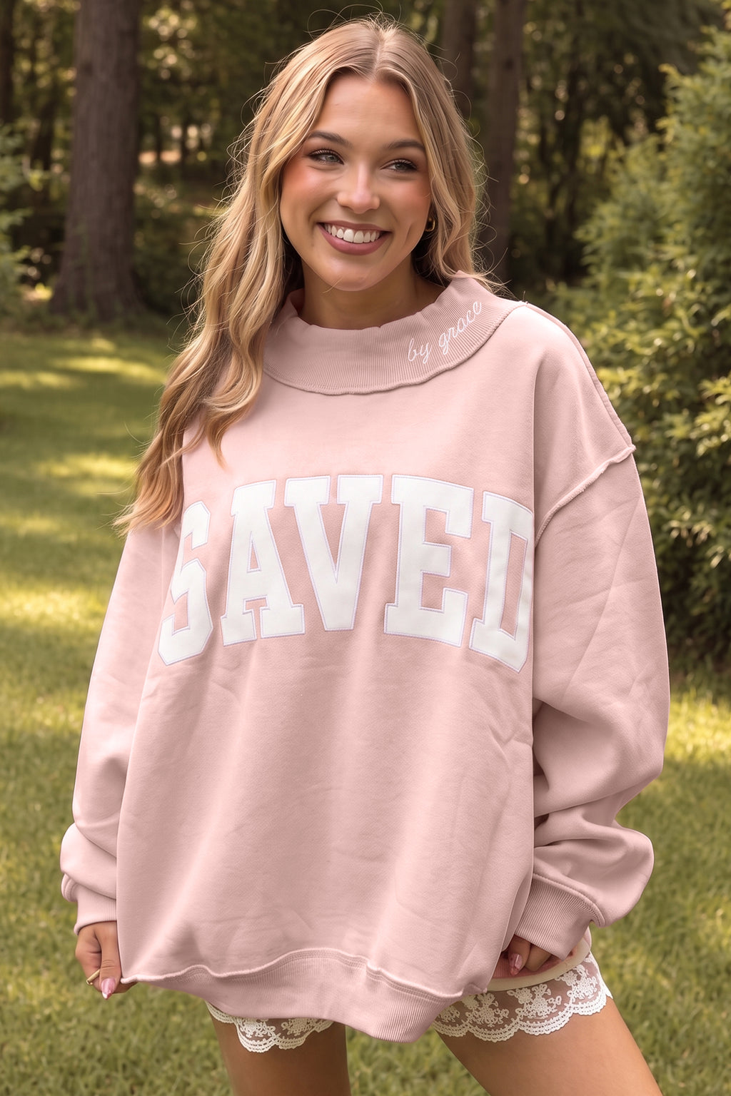 Fiery Red Saved By Grace Embroidered Detail Letter Graphic High Neck Sweatshirt