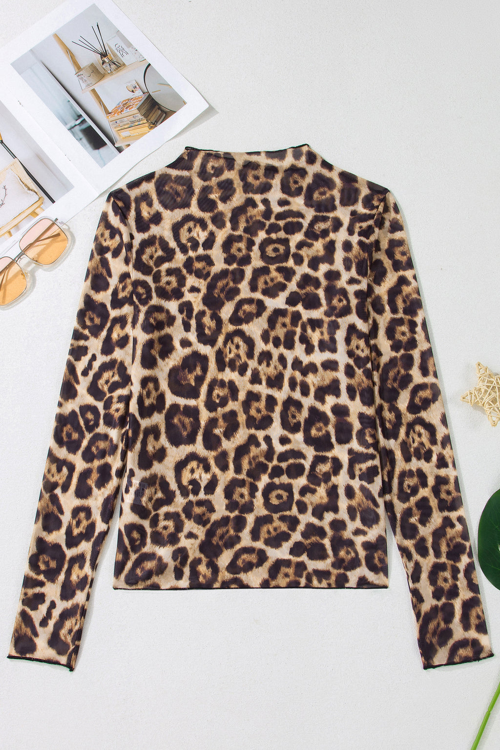 Camel Slim Fit Floral Mesh Long Sleeve Mock Neck Top