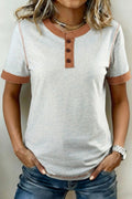 Light Grey Raw Seam Color Block Detail Buttoned Henley Tee
