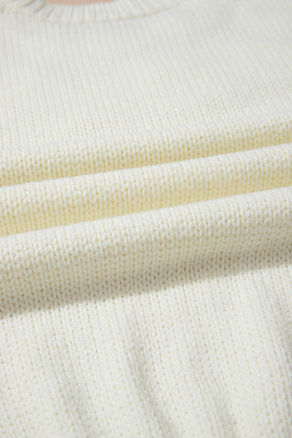 White Flower Detail Round Neck Contrast Textured Puff Sleeve Sweater