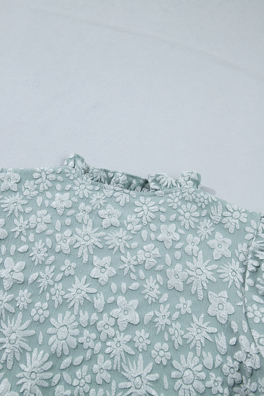 Iceland Blue Floral Textured Jacquard Puff Sleeve Blouse