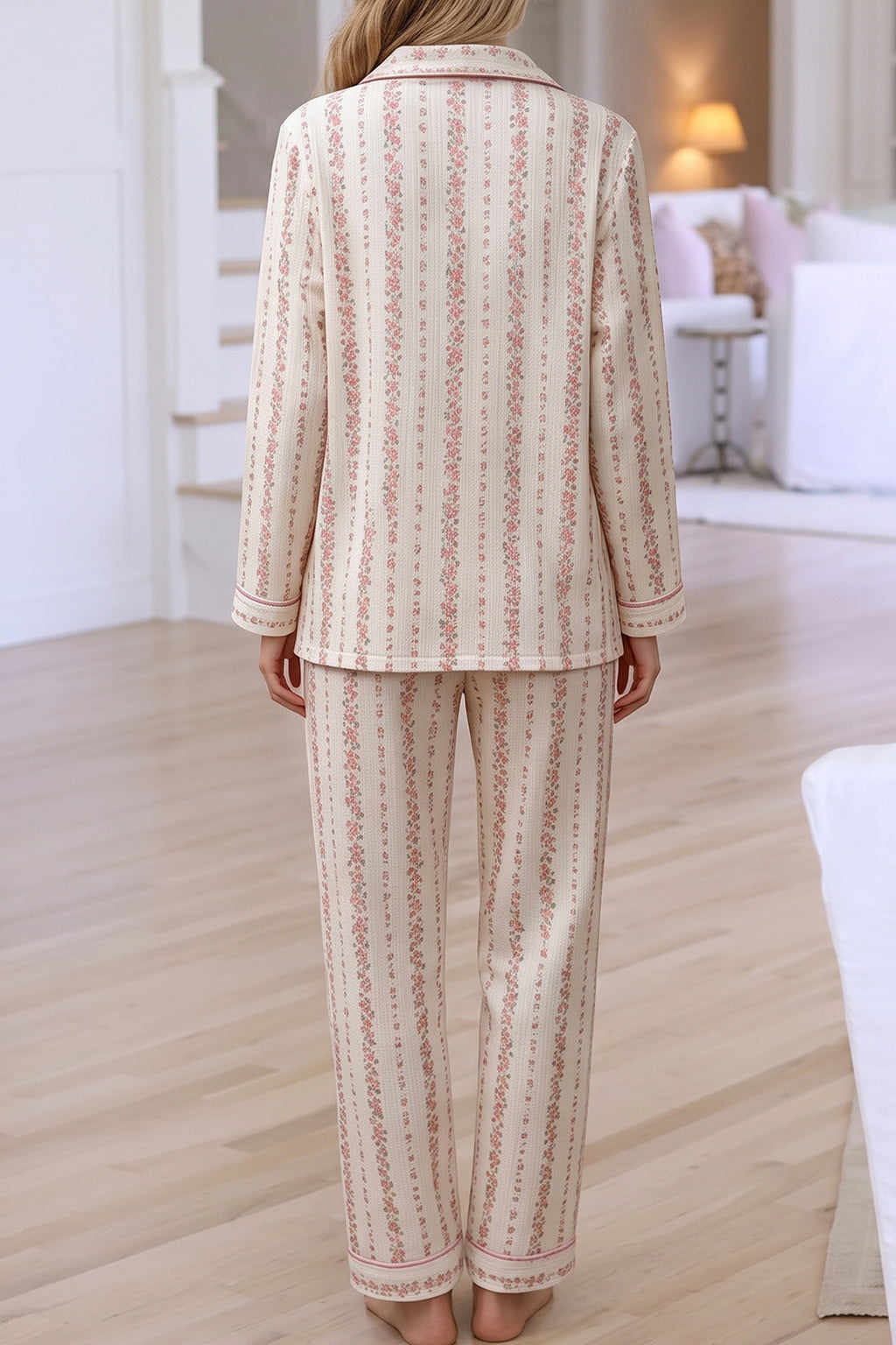 Pink Floral Print Long Sleeve Button Front Shirt Pajama Pant Set