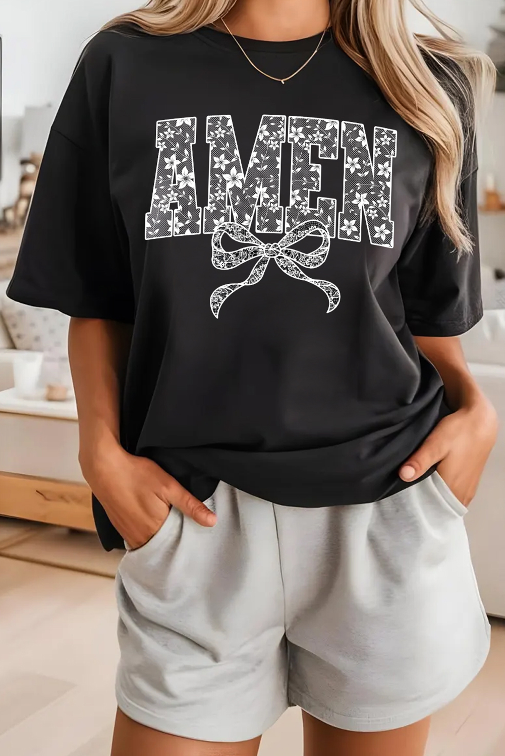 Black Floral AMEN Bow Printed T Shirt