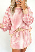 Pink Gingham Oversized Ribbed Trim Crew Neck Long Sleeve Top and Skort Set