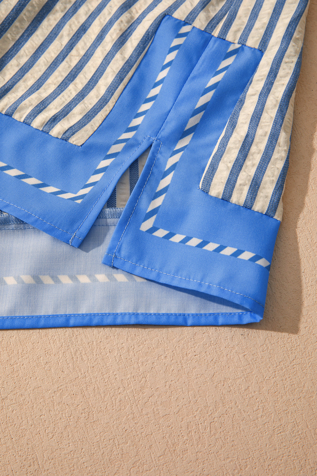 Sky Blue Stripe Color Block Detail V Neck Short Sleeve Blouse