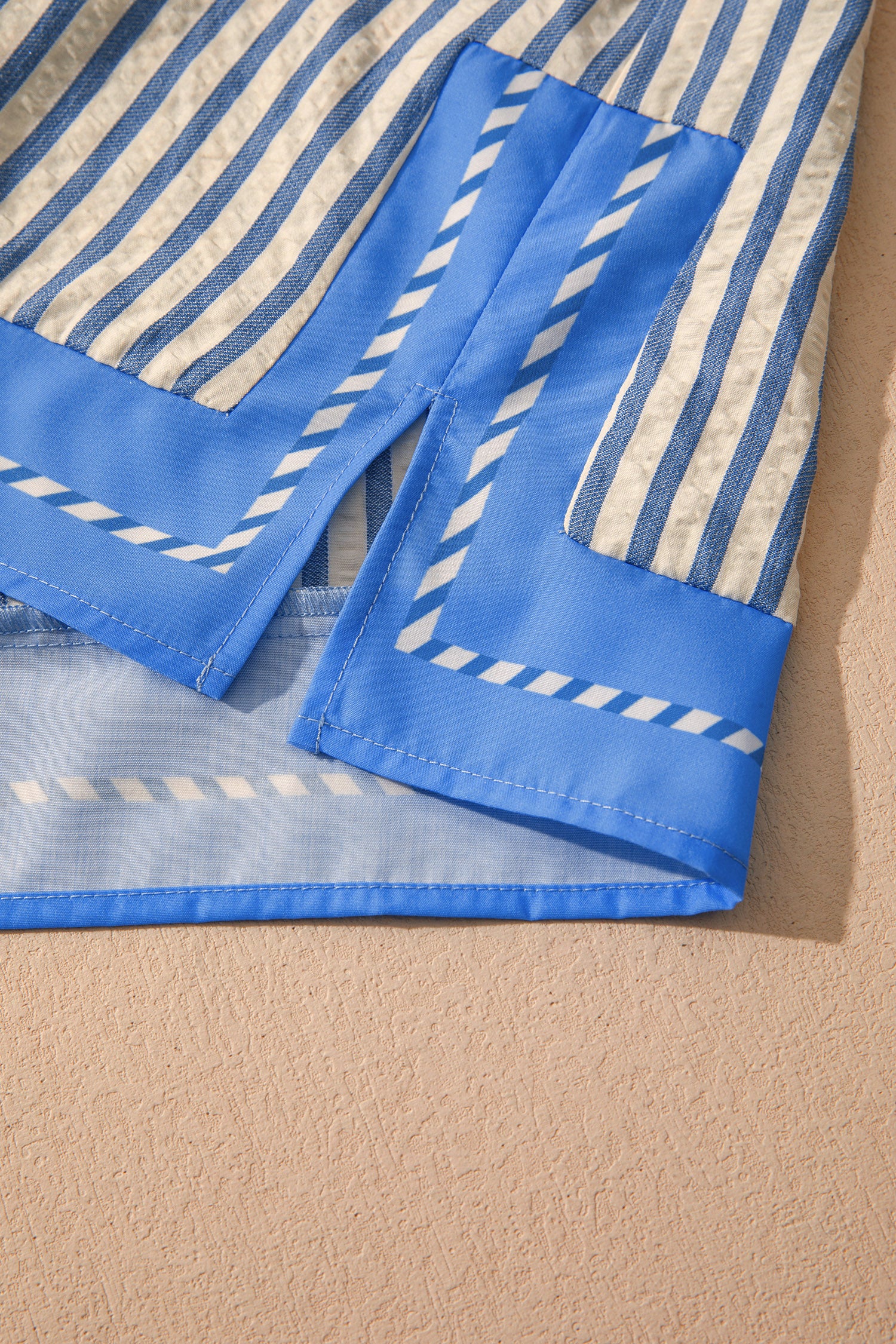 Sky Blue Stripe Color Block Detail V Neck Short Sleeve Blouse
