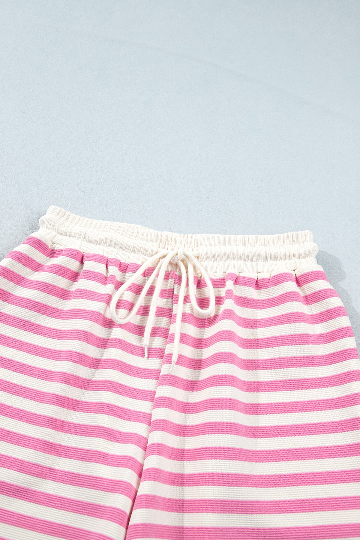 Pink Striped Long Sleeve Crew Neck Drawstring Waist Shorts Set