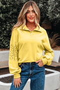 Yellow Cream Embroidered Flower Patchwork Snap Buttons Pullover Sweatshirt