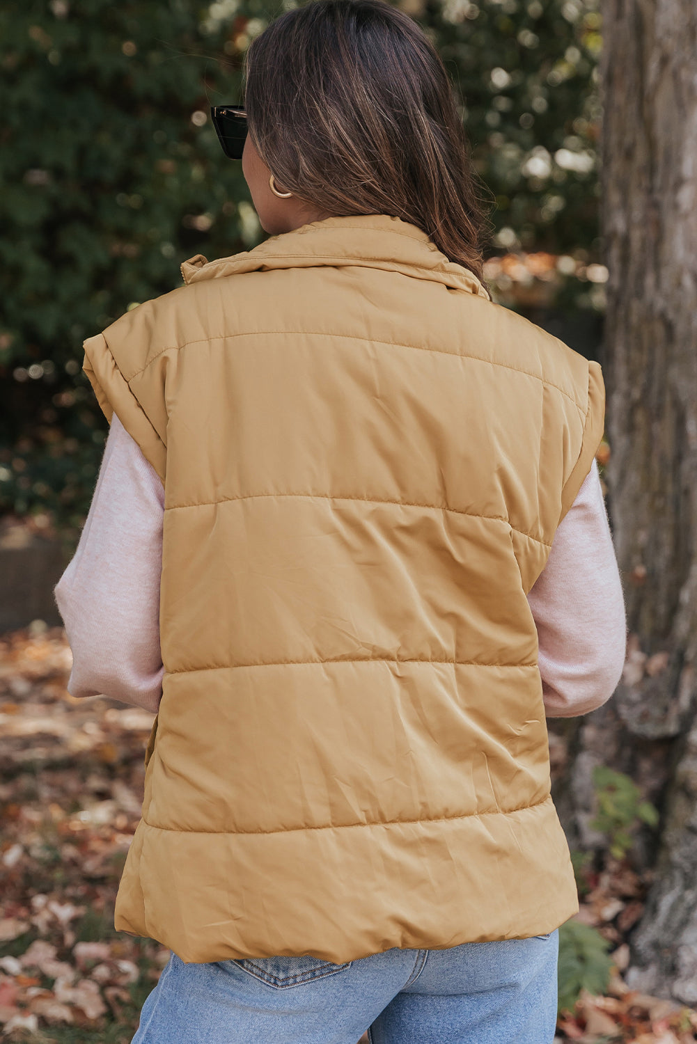 Khaki Oversized Stand Collar Zip Winter Vest