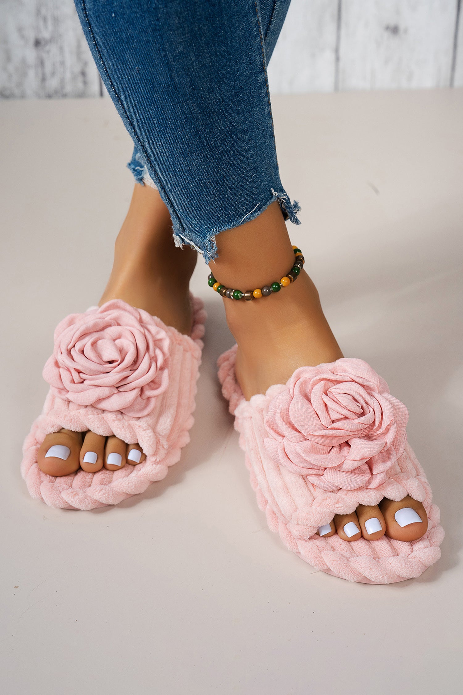 Pink Solid Color 3D Flower Accent Corded Ribbed Open Toe Slippers
