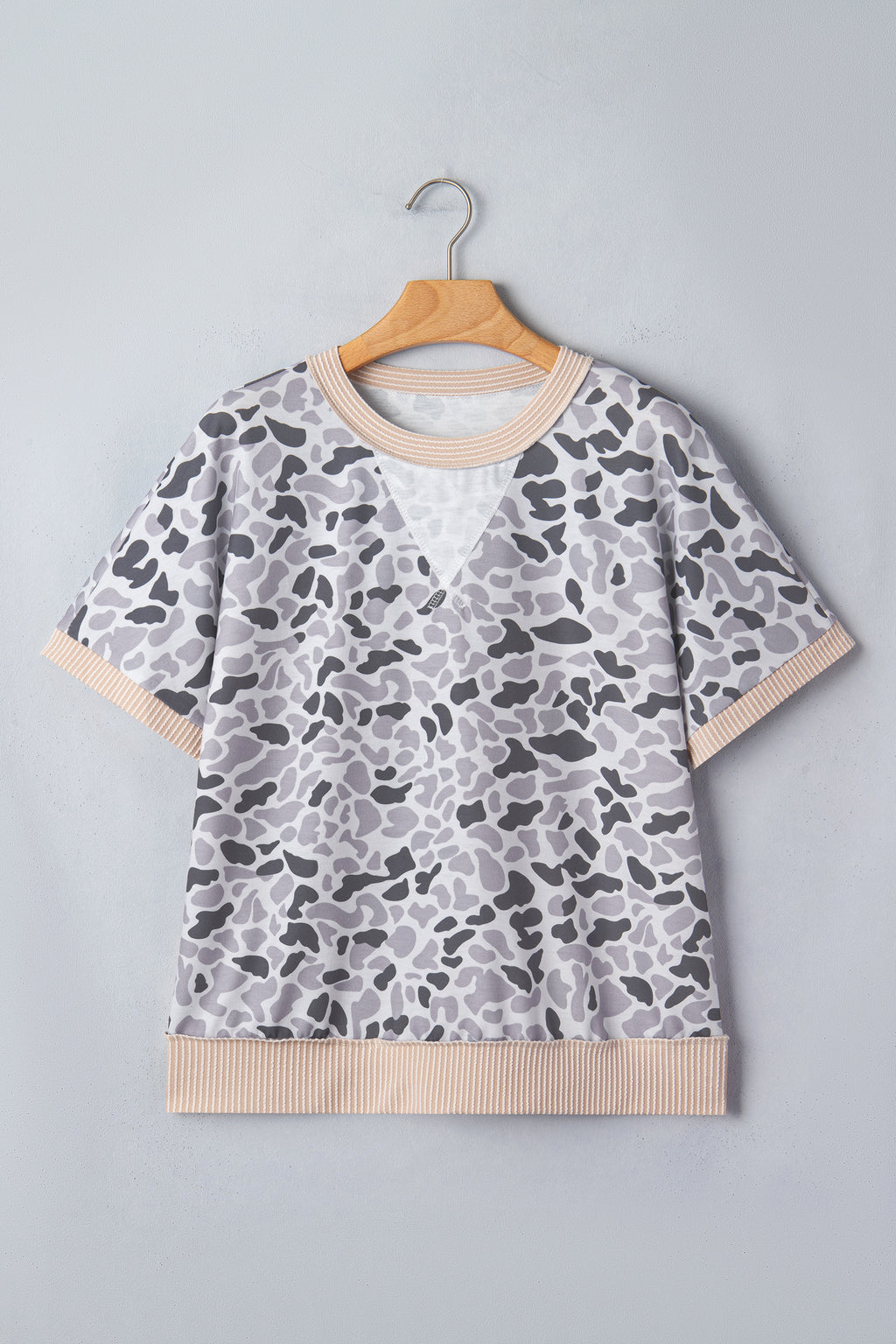 Gray Camouflage Print Twisted Ribbed Patchwork Casual T Shirt