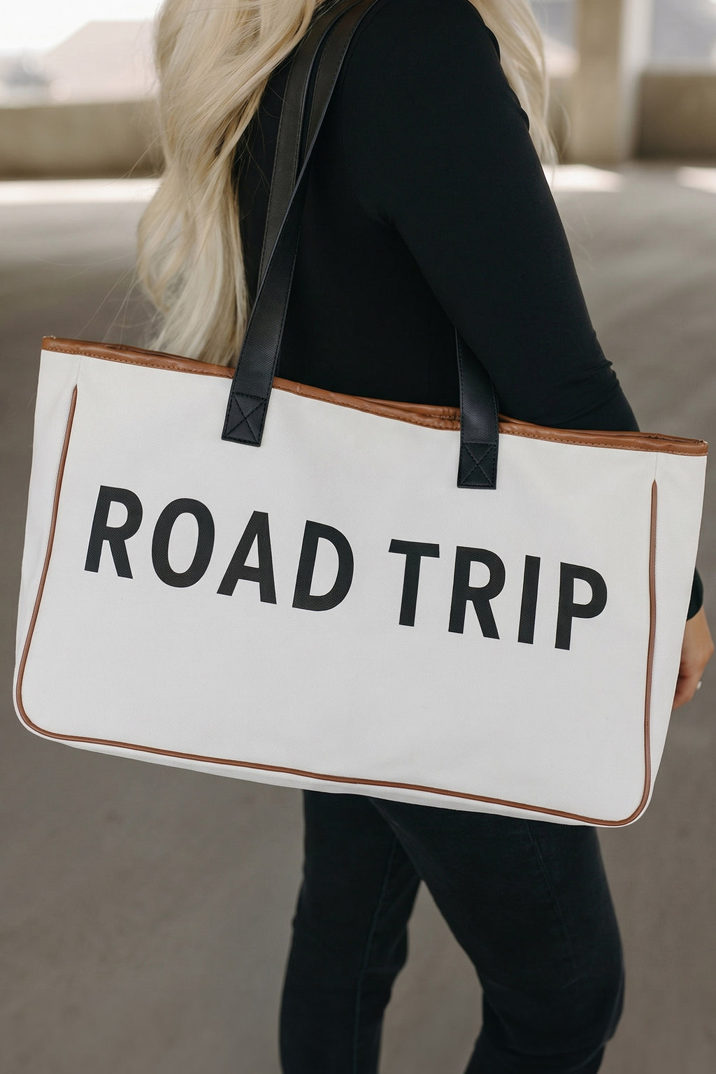 White Canvas Road Trip Tote Bag 50x15x30cm Summer Travel Carryall