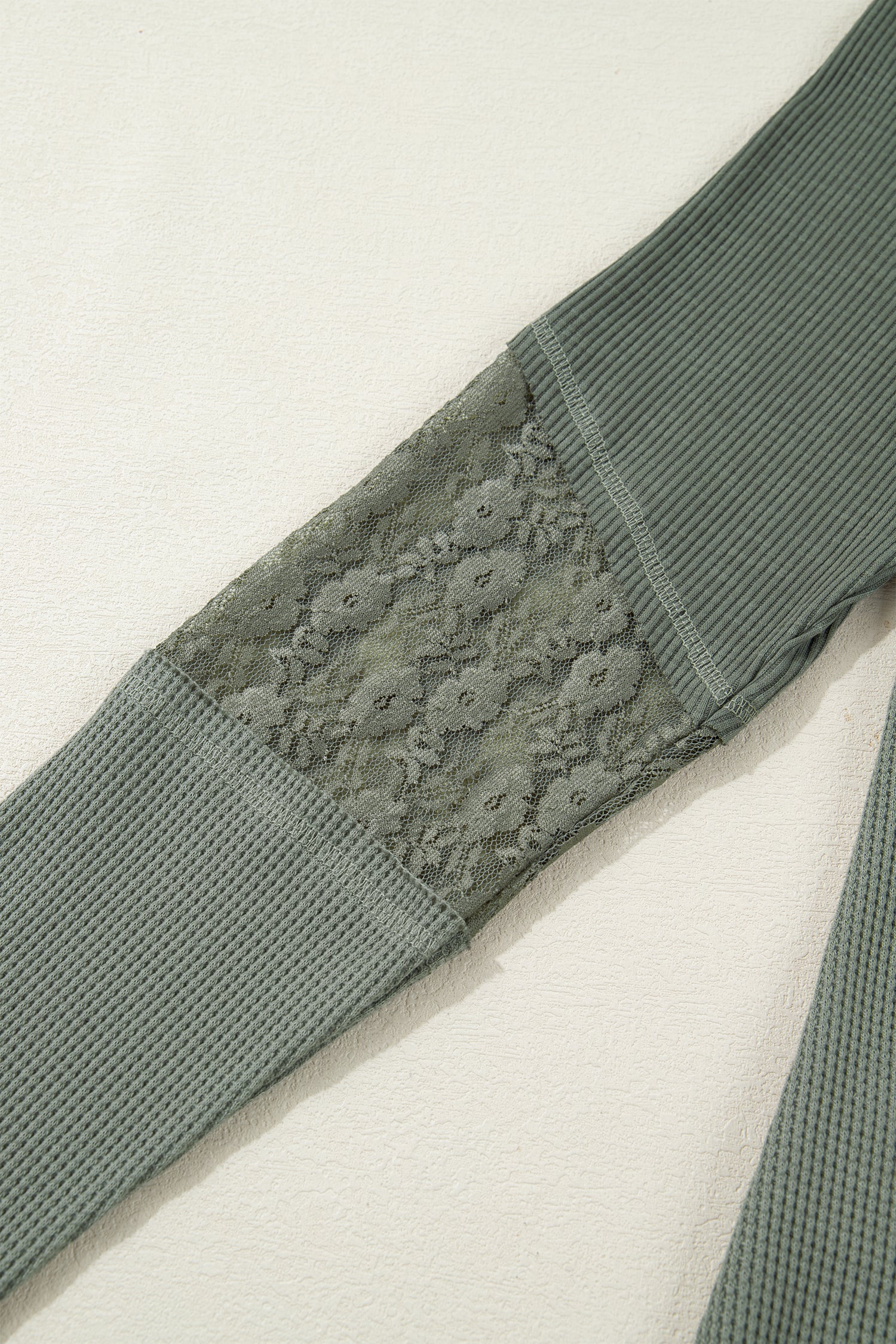 Sage Green Solid Color Waffle Ribbed Lace Patchwork Long Sleeve Top
