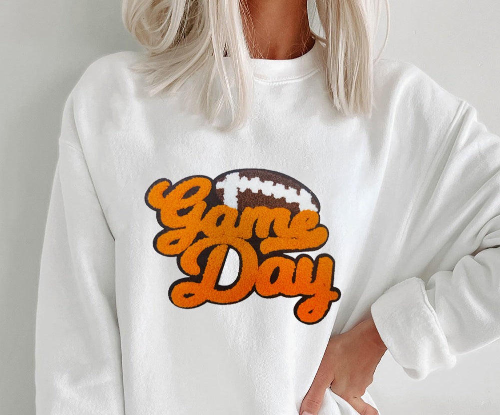 White Chenille Game Day Rugby Football Pattern Pullover Sweatshirt