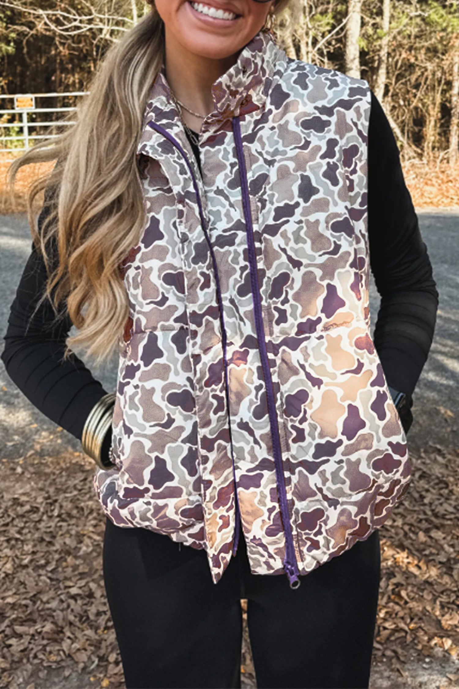 Multicolour Camouflage Puffer Zip-up Stand Neck Sleeveless Vest