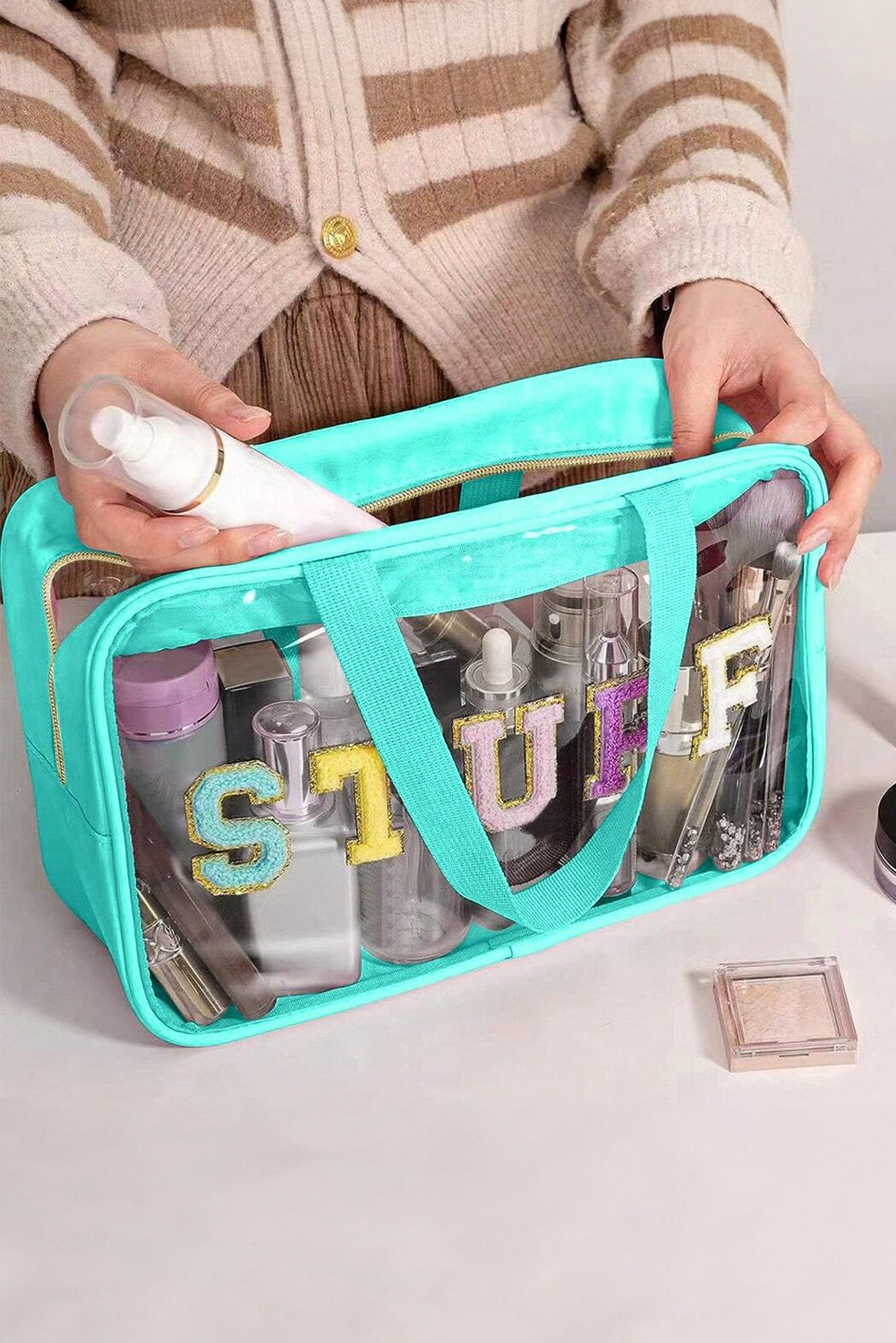 Pink STUFF Glitter Chenille Patched Transparent Makeup Bag