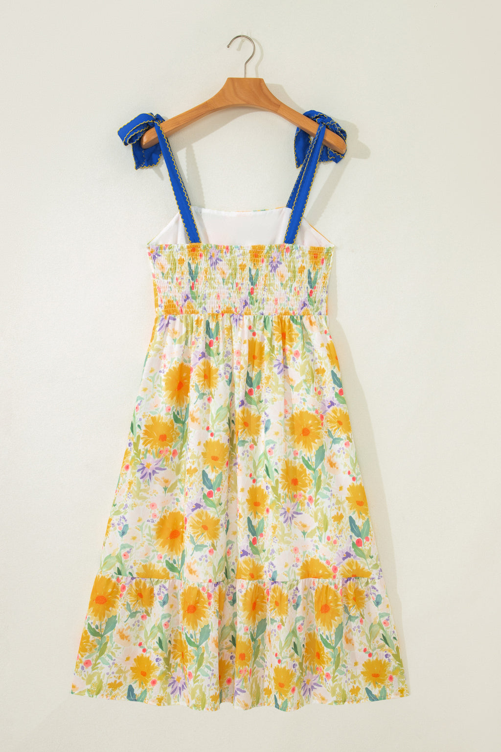 Yellow Floral Print Contrast Stitched Knot Denim Straps High Waist Dress