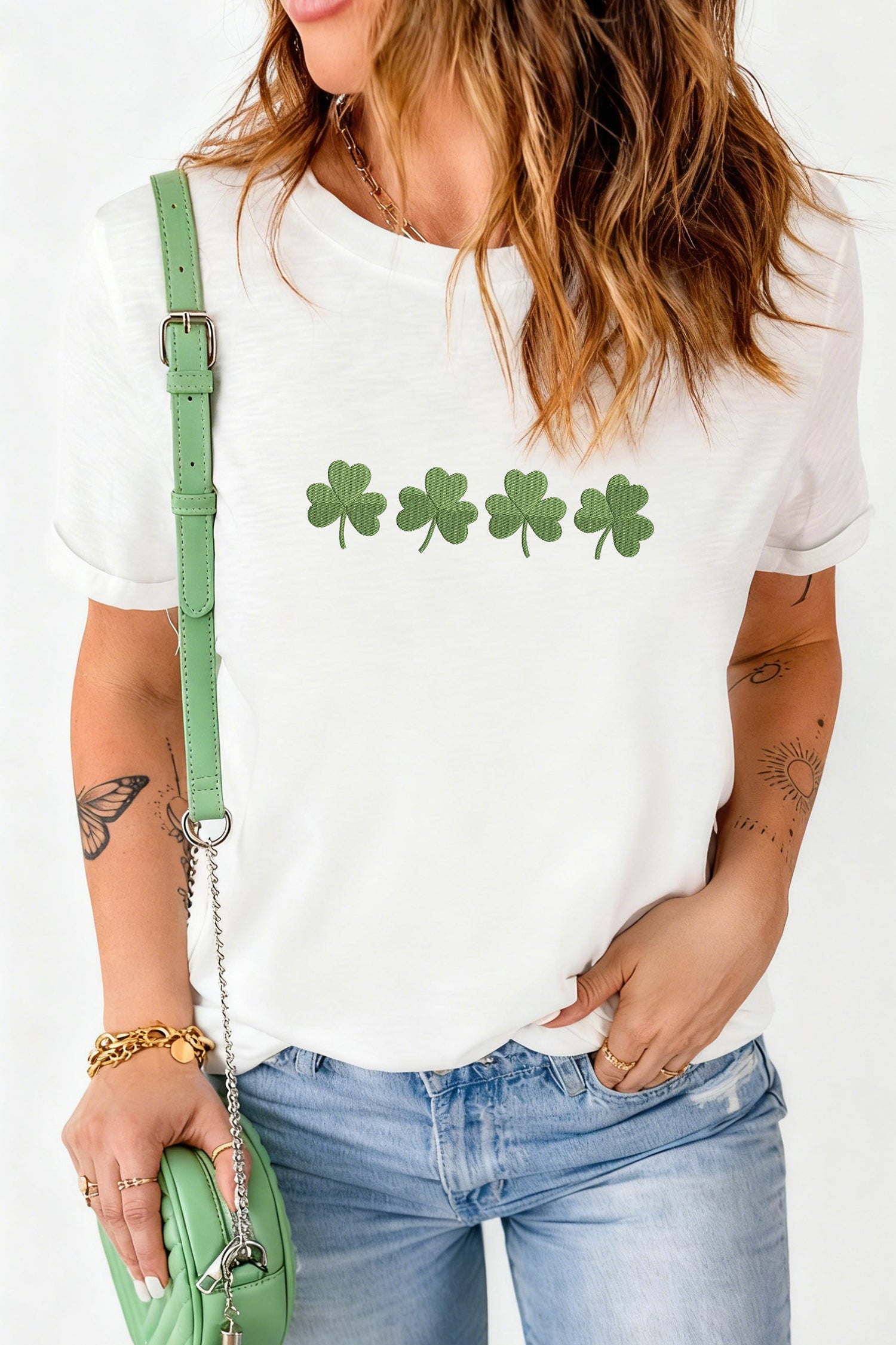 White Embroidered Clover St Patricks Fashion Graphic Tee