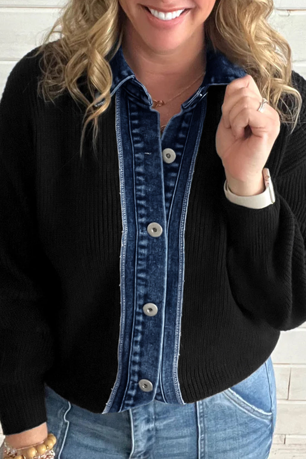 Color black Drop Shoulder Placket Paneling Shirt Collar Long Sleeve Cardigan