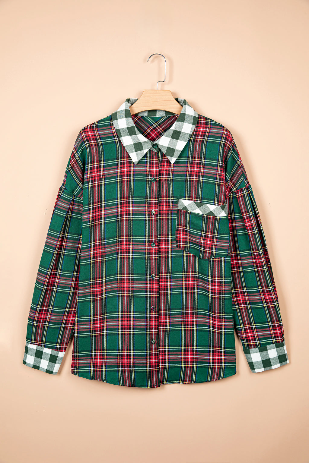 Green Plaid Long Sleeve Shift Plus Size Shirt