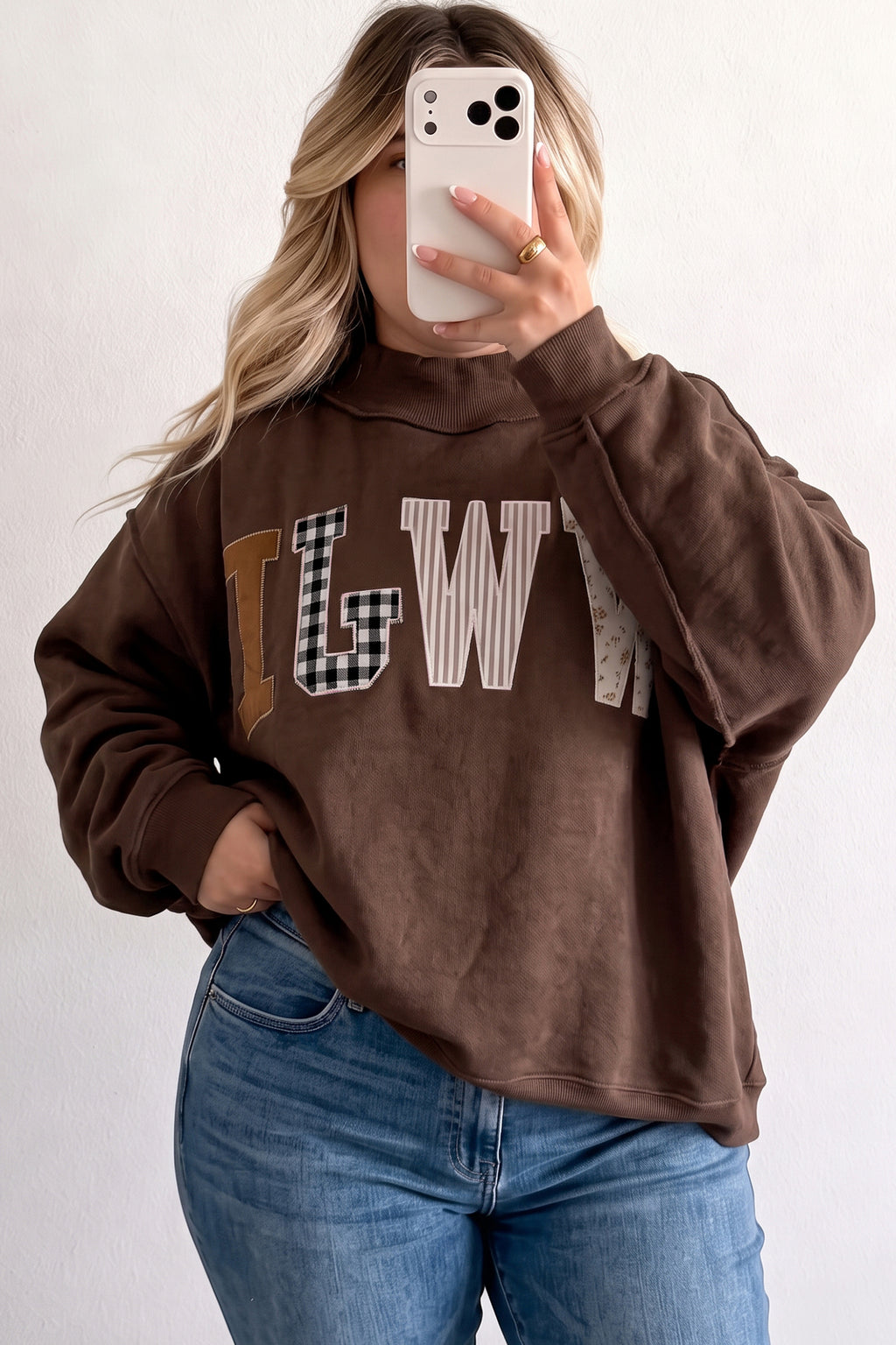 Coffee WWJD Mix Pattern Letter Graphic Exposed Seam Loose Plus Size Sweatshirt