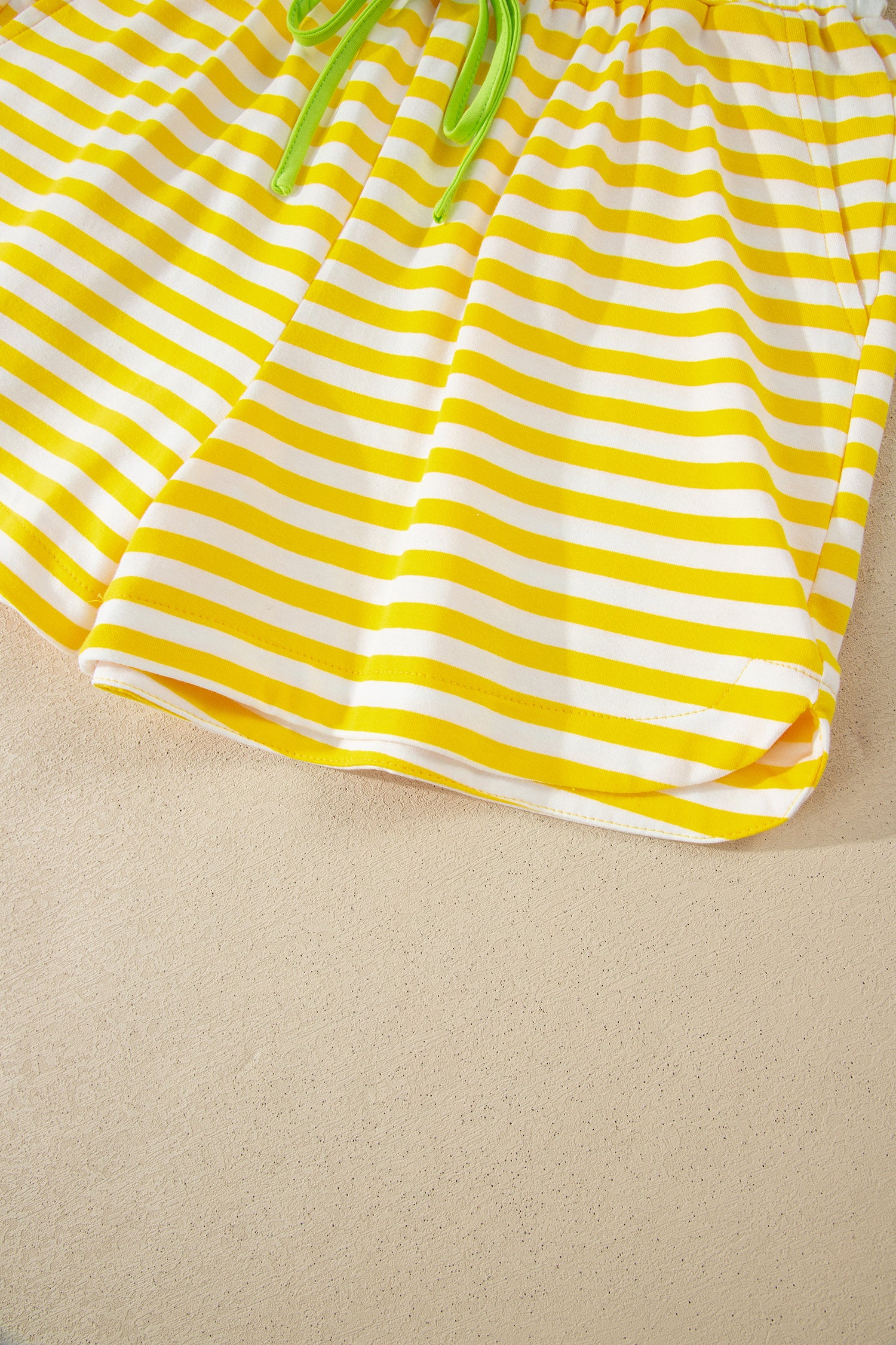 Yellow Stripe Contrast Neck Loose Tee and Drawstring Shorts Set