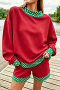 Racing Red Polka Dot Trim Baggy Pullover 2pcs Short Set