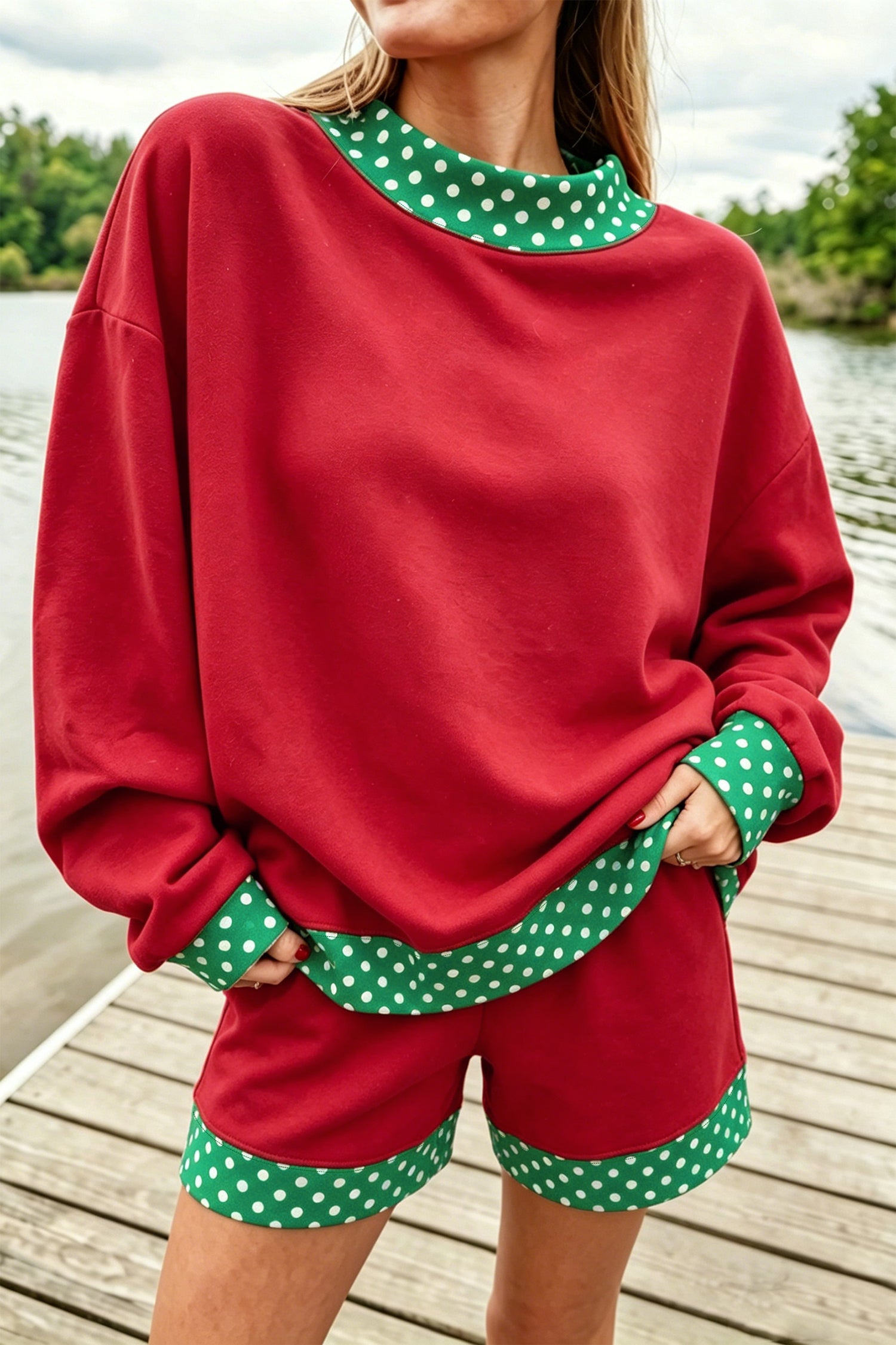 Racing Red Polka Dot Trim Baggy Pullover 2pcs Short Set