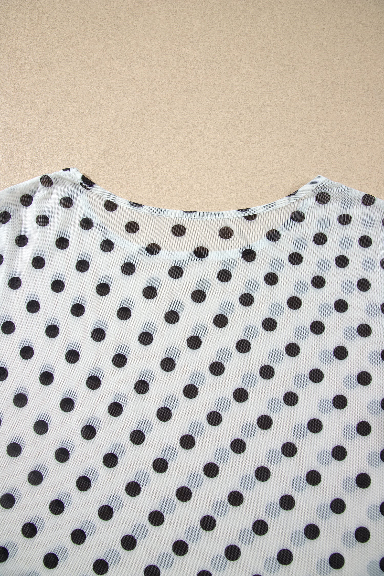 Black Polka Dot Sheer Mesh Long Sleeve Round Neck Shift Blouse