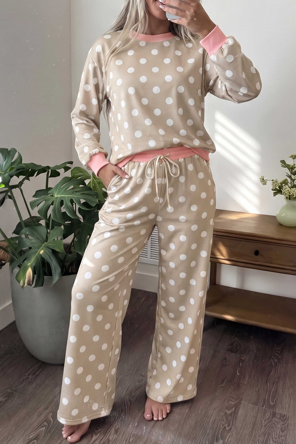Khaki Polka Dot Contrast Trim Long Sleeve Top Drawstring Shift Pants Set