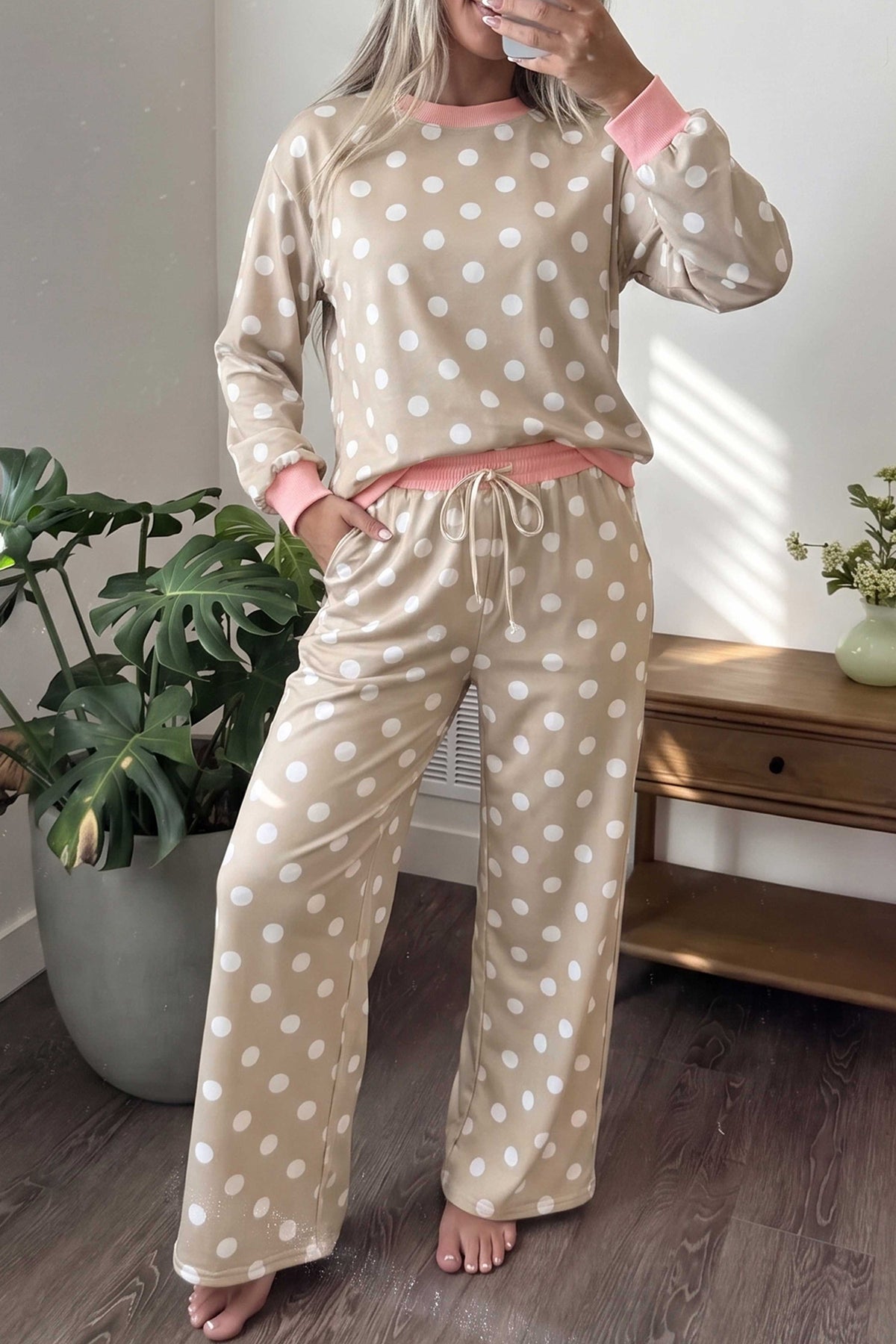 Khaki Polka Dot Contrast Trim Long Sleeve Top Drawstring Shift Pants Set