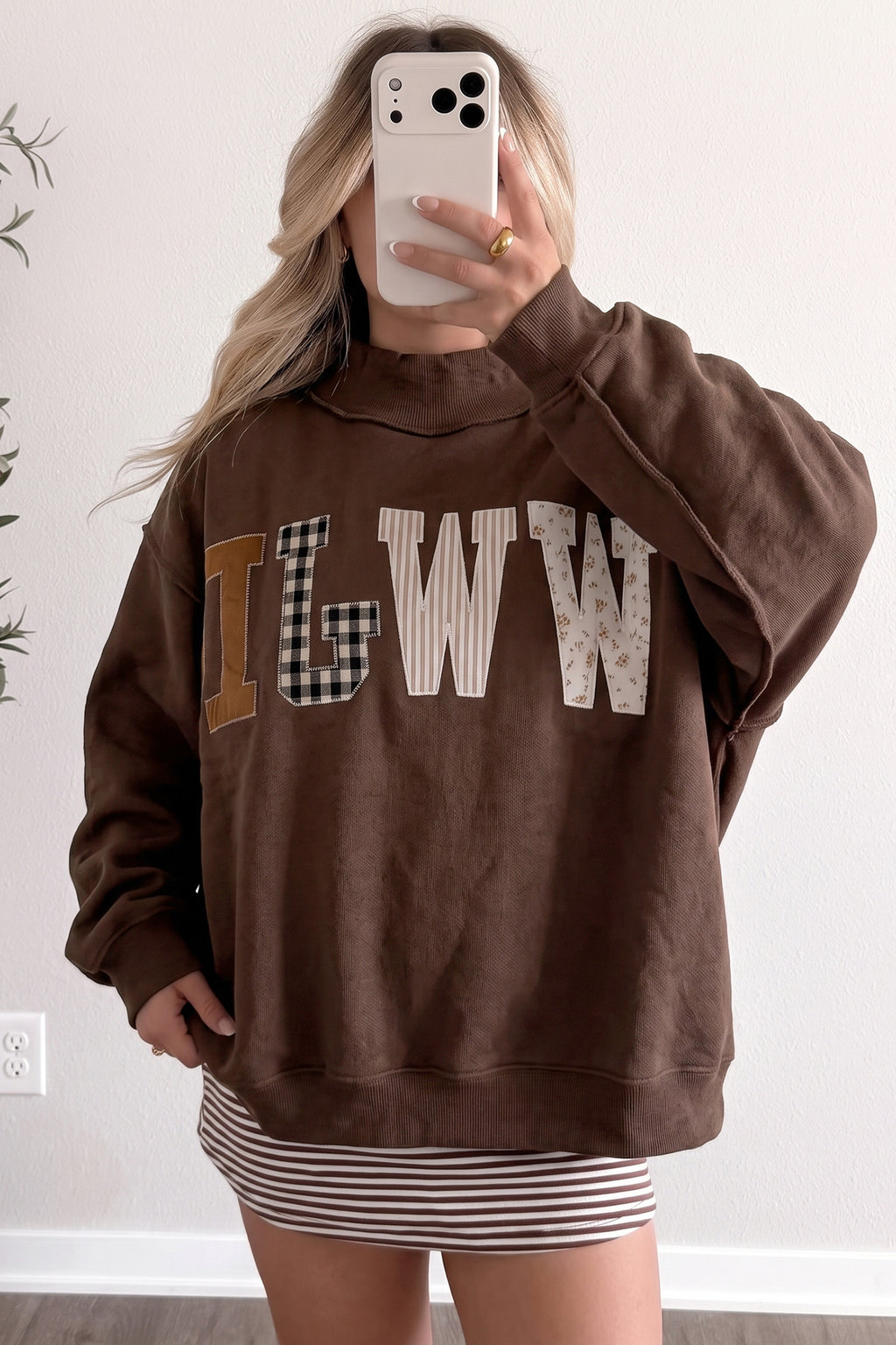 Coffee WWJD Mixed Pattern Embroidered Patch Graphic Mock Neck Sweatshirt