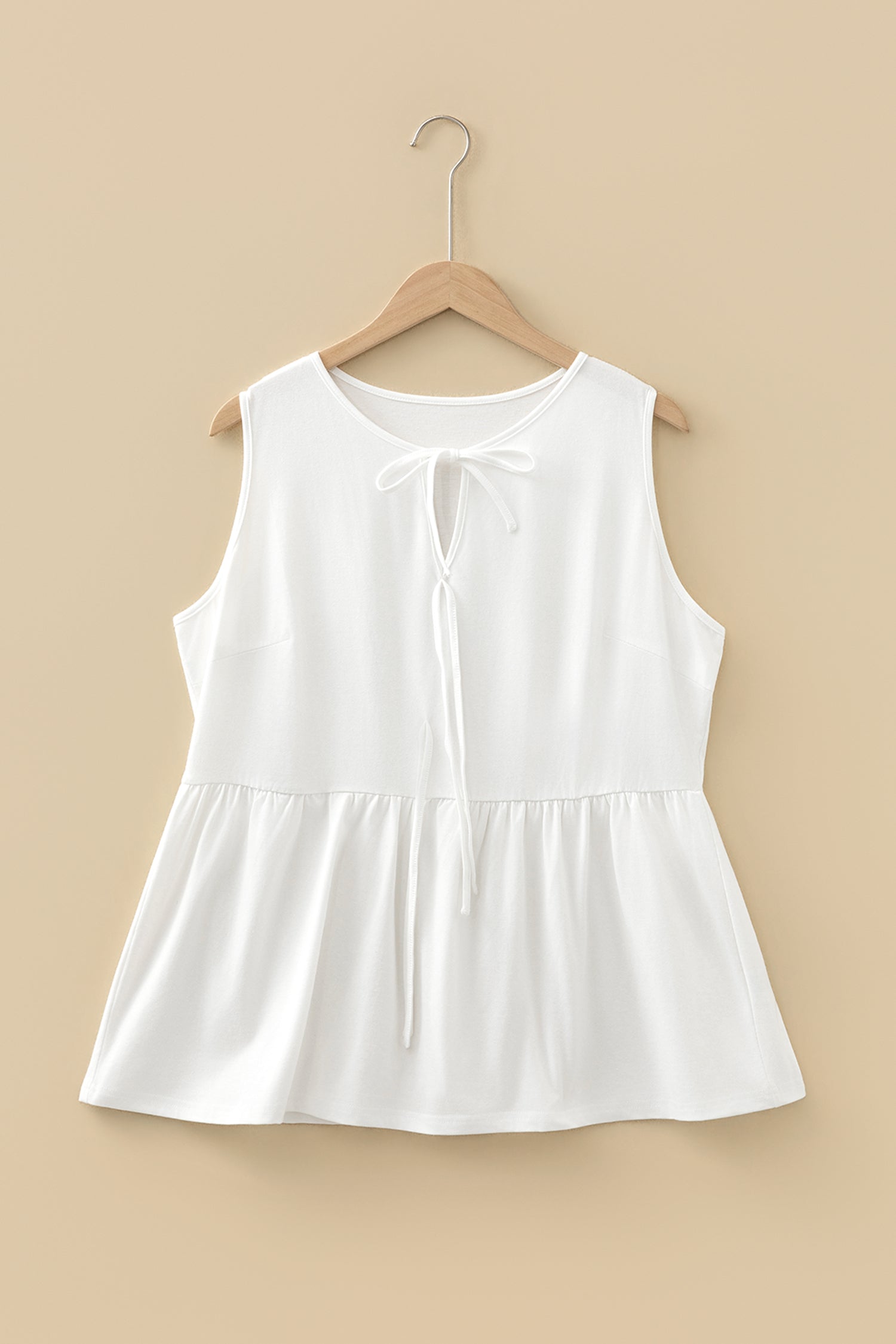 White Plus Size Solid Color Bow Tie Peplum Tank Top