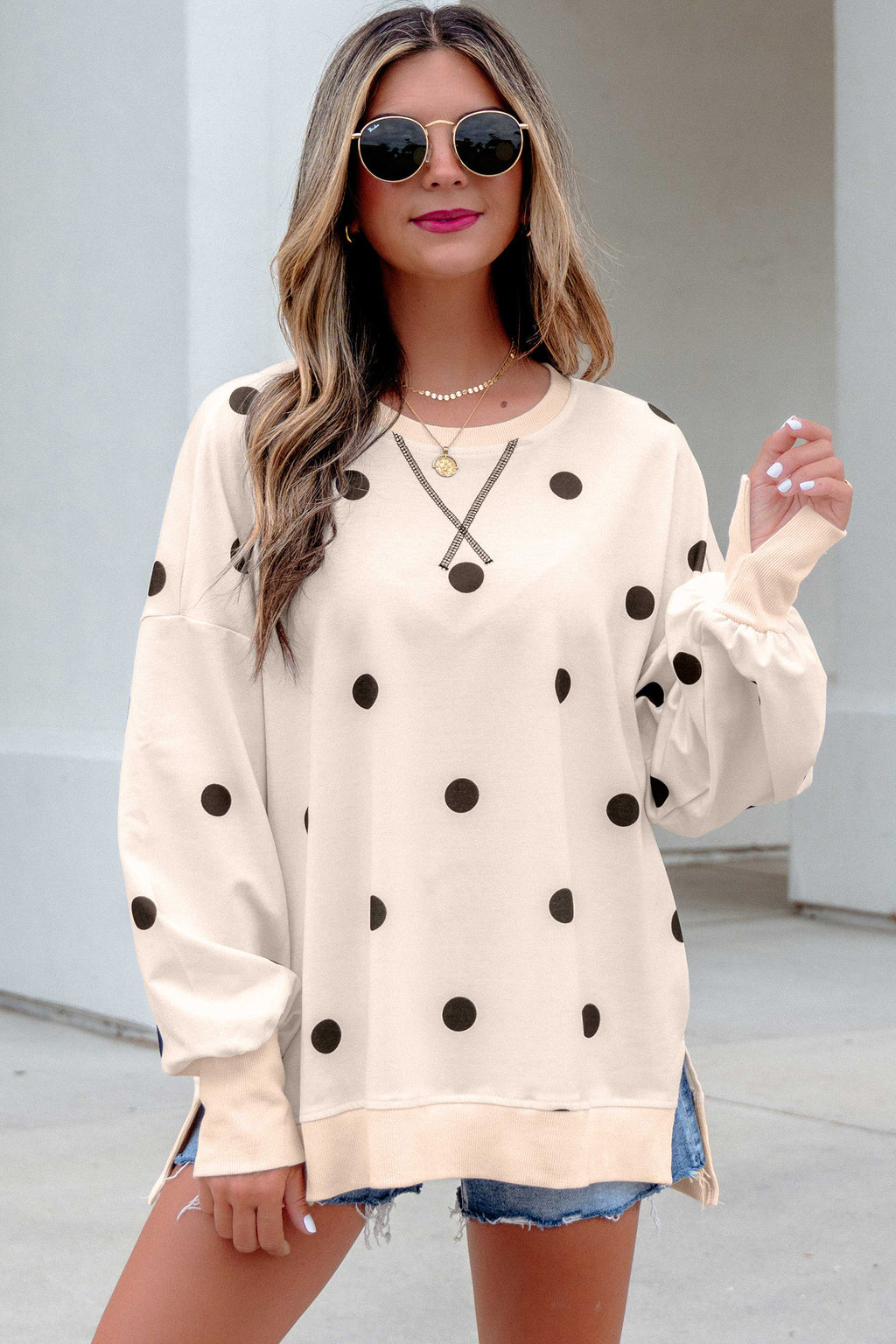Beige Loose-fit Long Sleeve Round Neck Polka Dot Tunic Sweatshirt