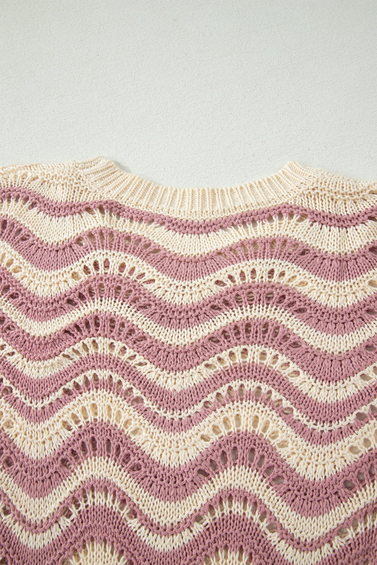 Beige Stripe Wavy Crochet Eyelet Detail Ruffle Half Sleeve Sweater