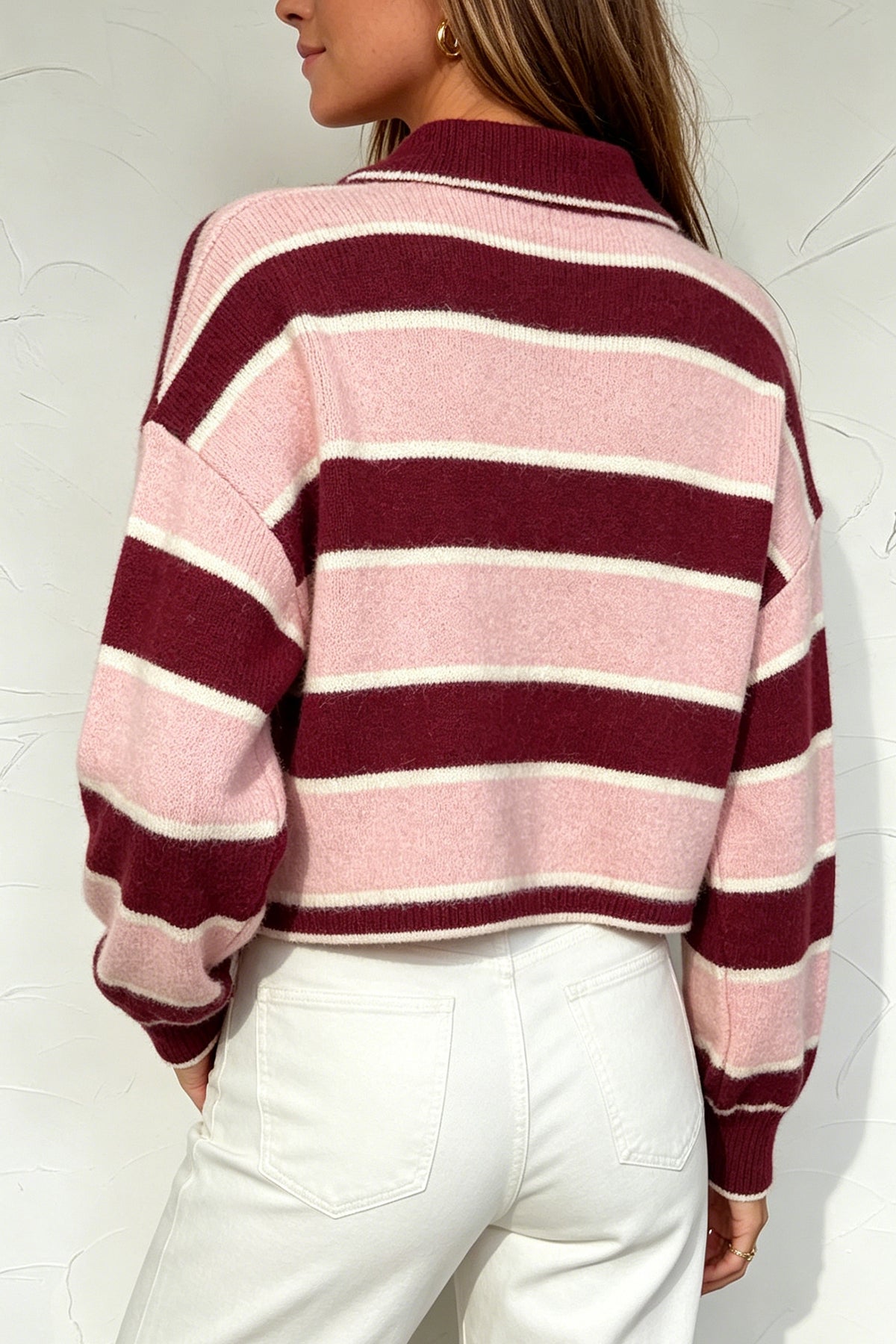 Pink Striped Polo Collar Long Sleeve Ribbed Cuff Casual Knit Sweater