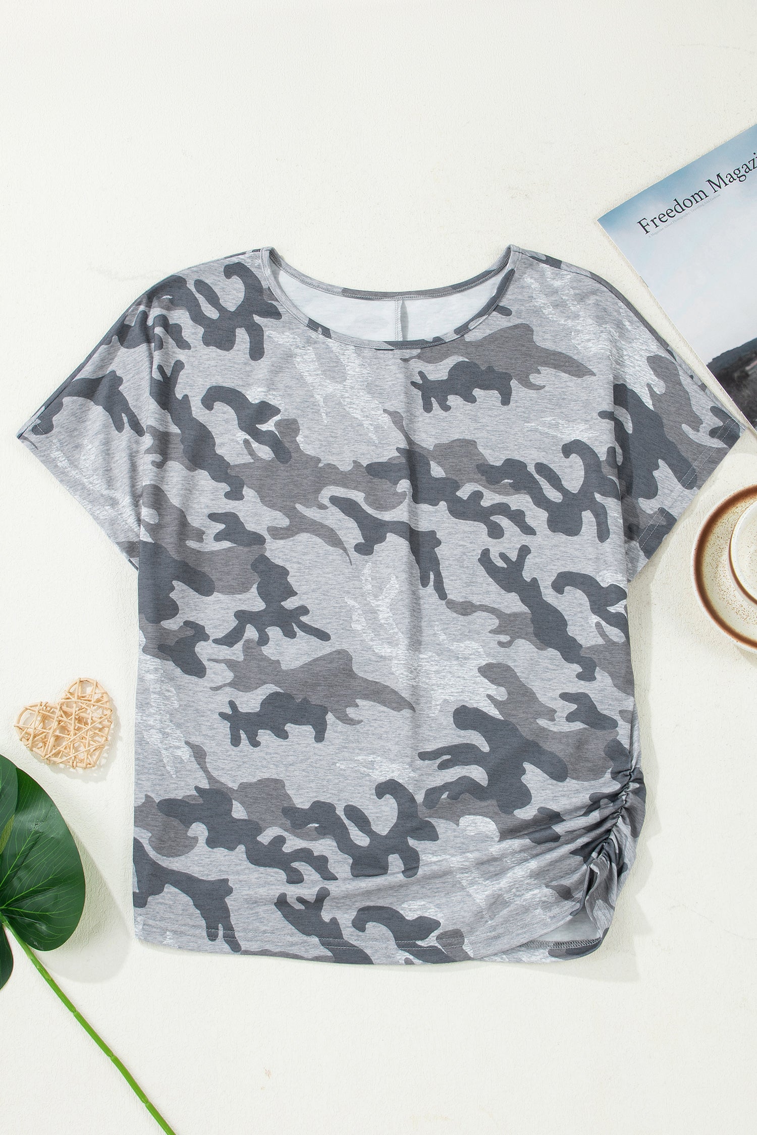 Gray Camouflage Print Round Neck T Shirt
