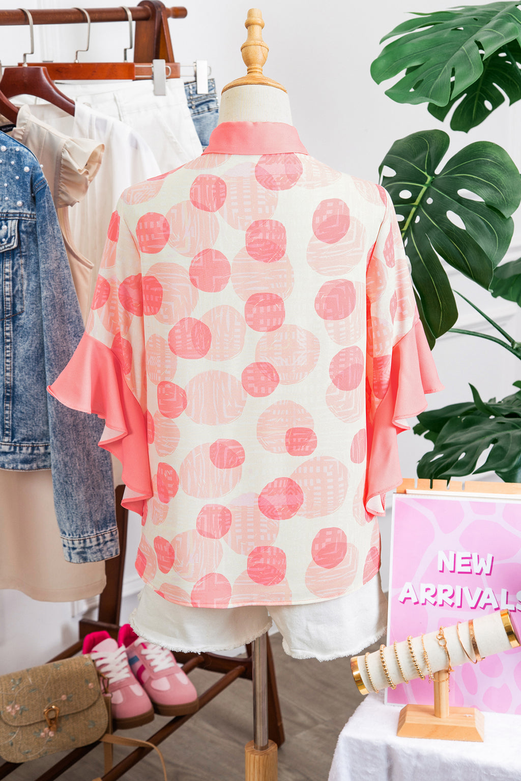 Pink Double Polka Dot Printed Ruffle Trim Short Sleeve Babydoll Shirt