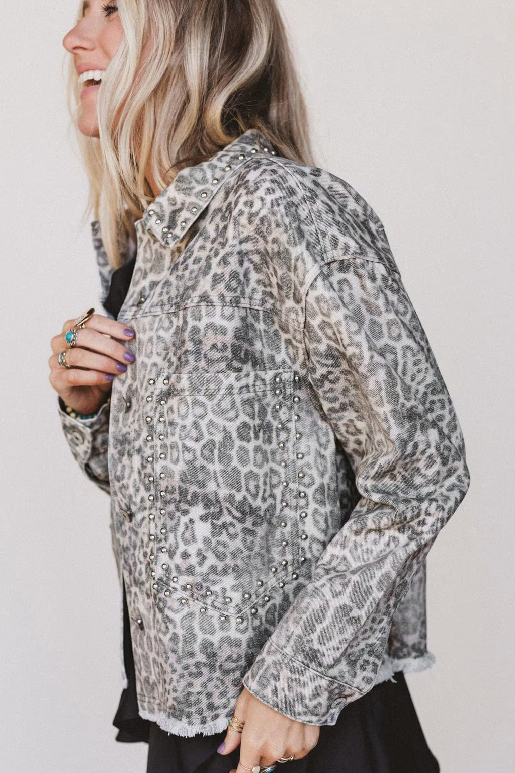 Khaki Leopard Print Studded Collar Studded Patch Pocket Denim Jacket