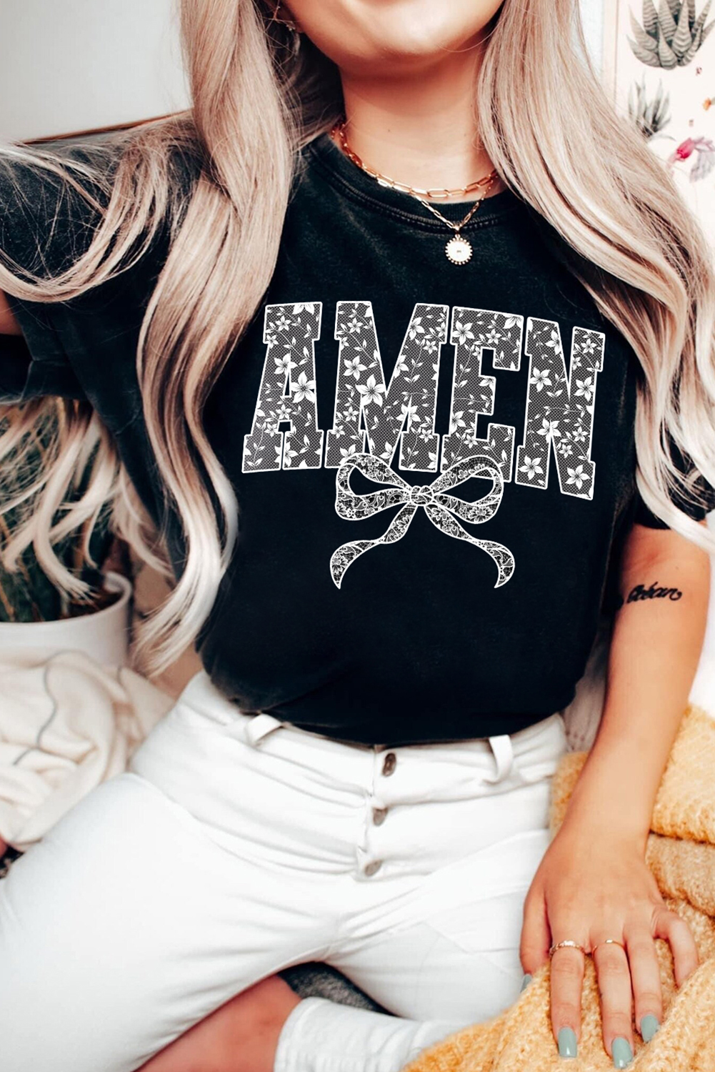 Black Floral AMEN Bow Printed T Shirt