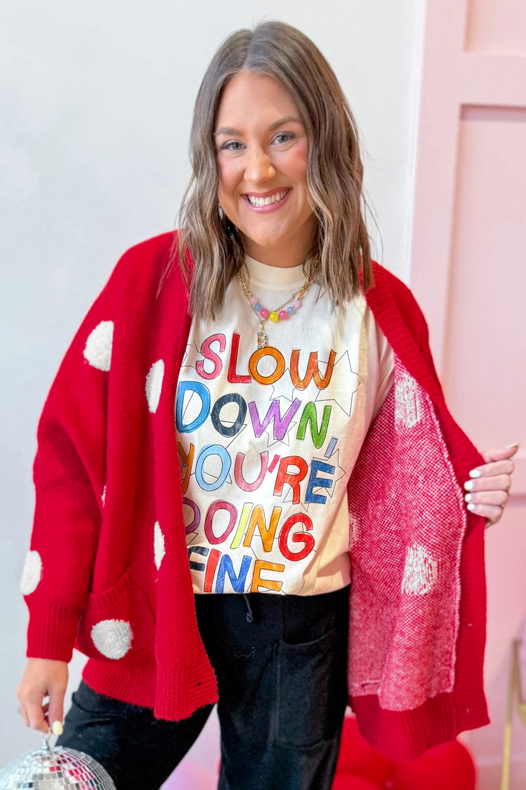 Red Polka Dot Button Front Oversized V Neck Cardigan