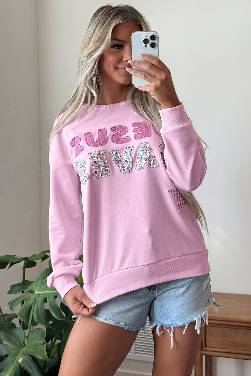 Pink Patchwork Stars Plaid Unique Floral Letters Baggy Sweatshirt