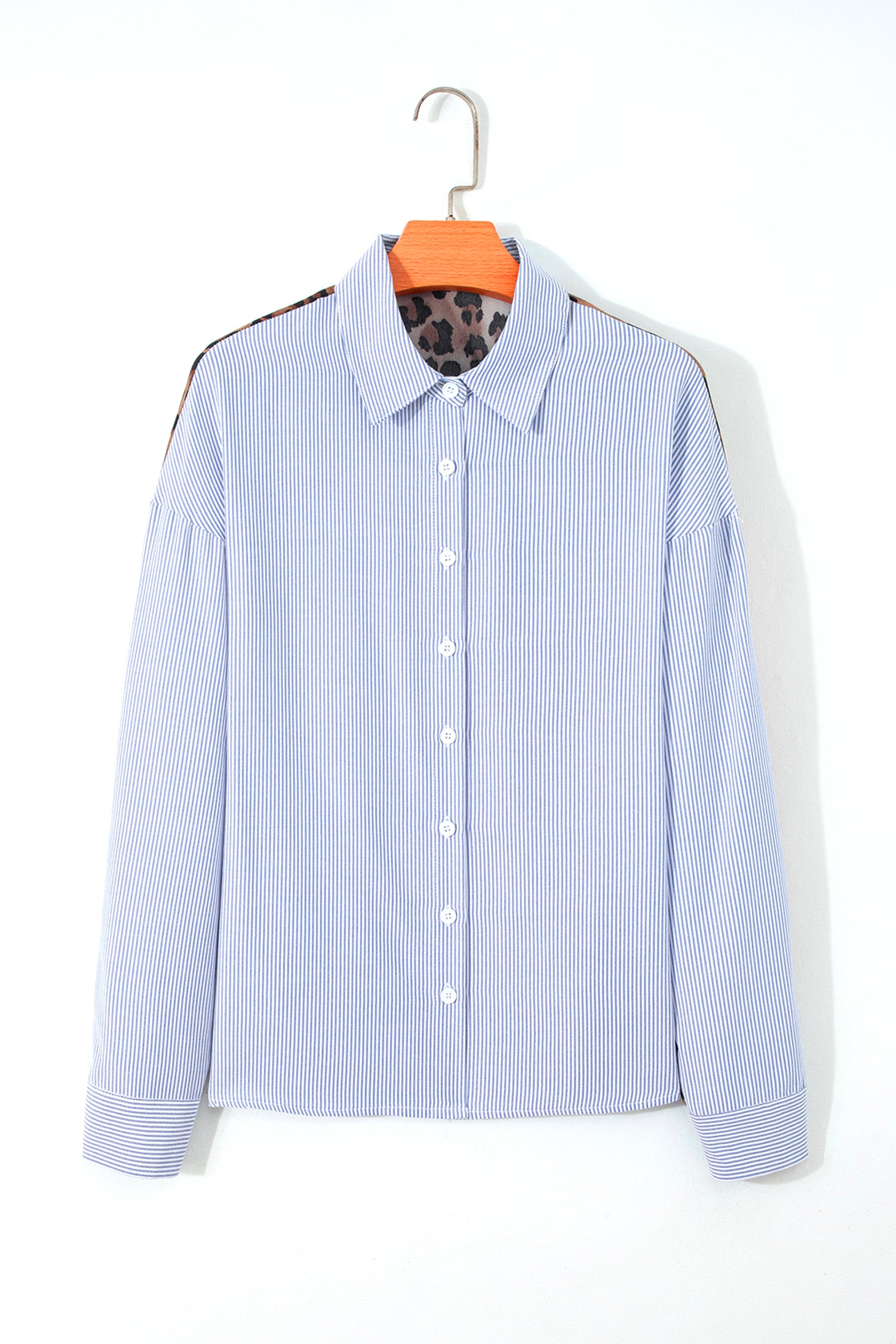 Sky Blue Stripe Contrasted Varsity Stripe Leopard Patchwork Button Down Shirt