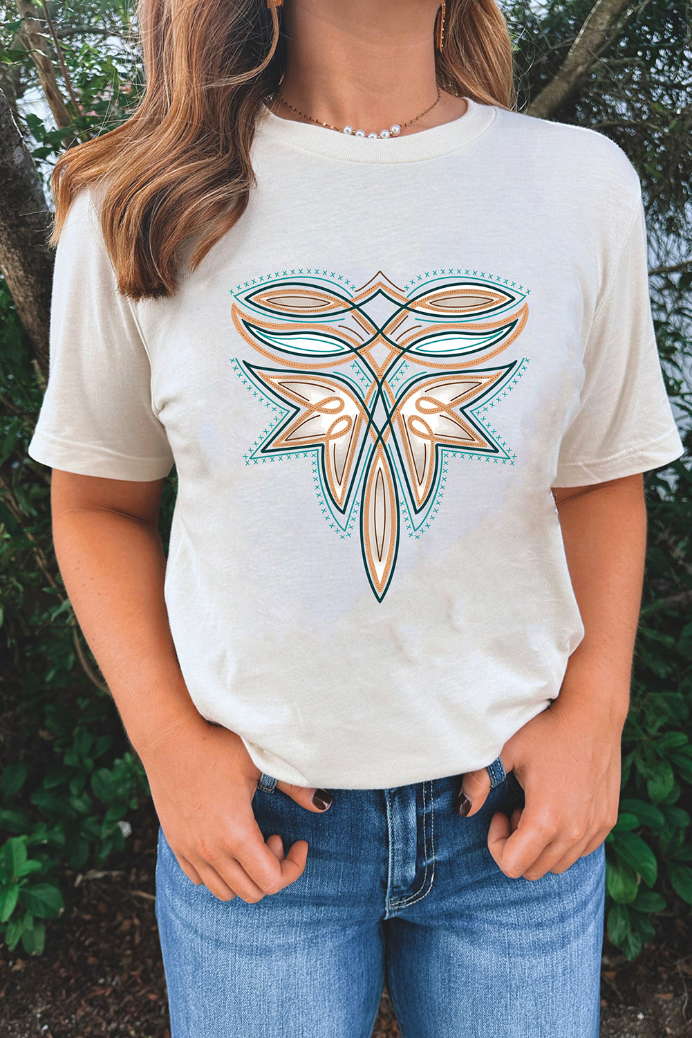 White Western Stitch Pattern Printed Cotton Blend Tee