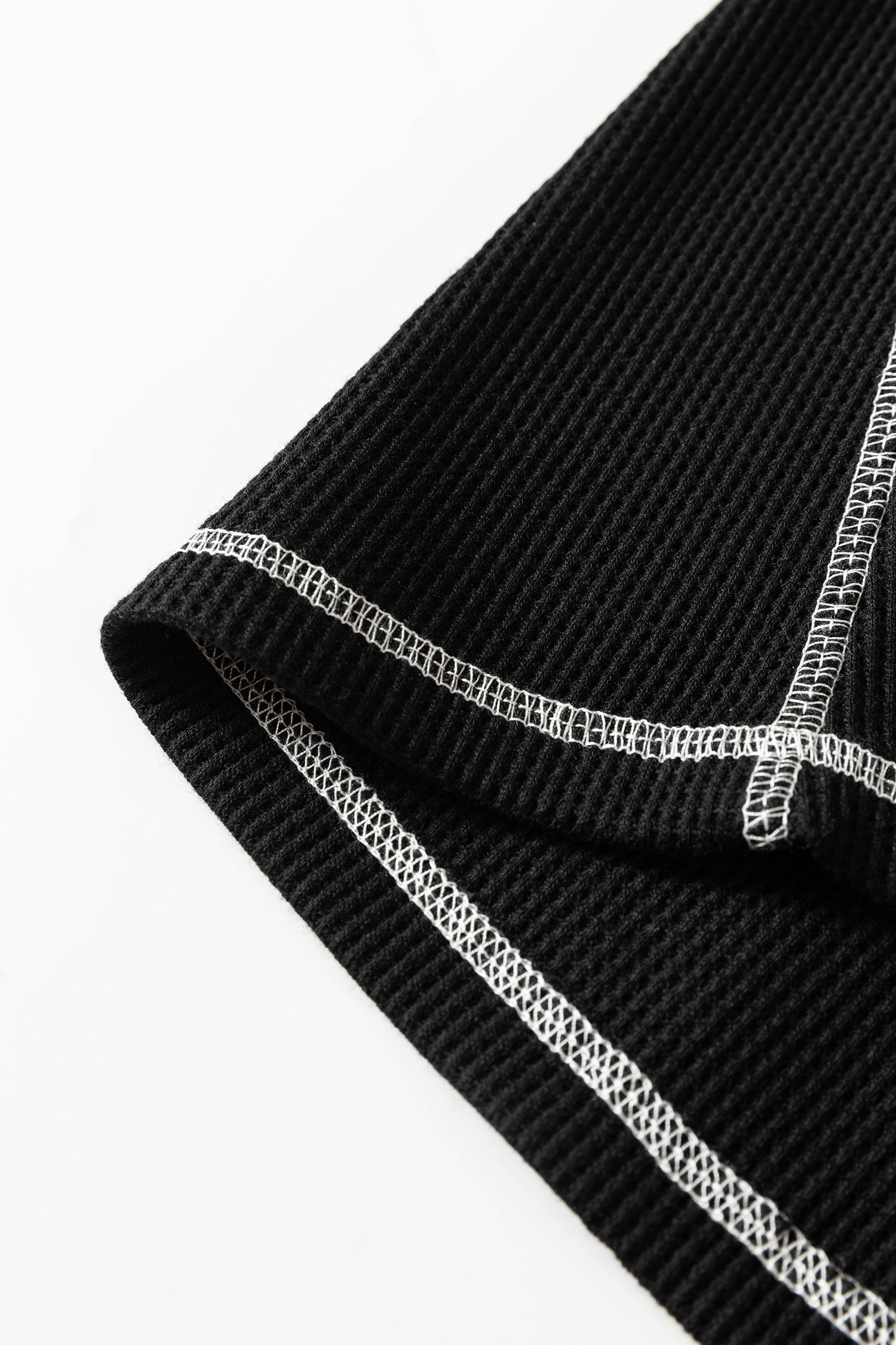 Black Waffle Textured Contrast Trim V Neck Tee
