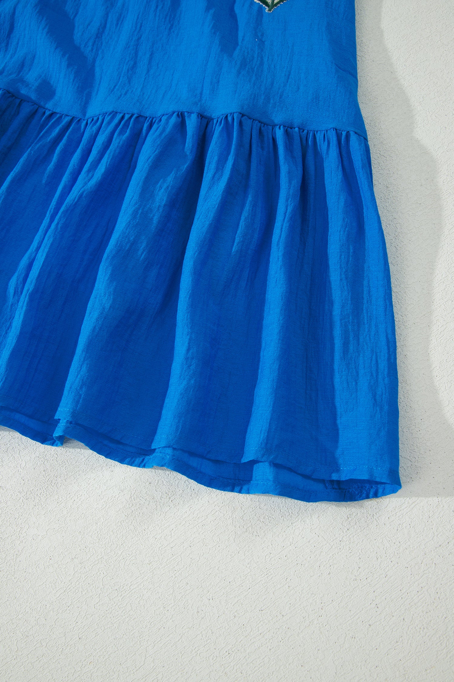 Blue Flower Embroidered Split Neck Short Puff Sleeve Ruffle Hem Dress